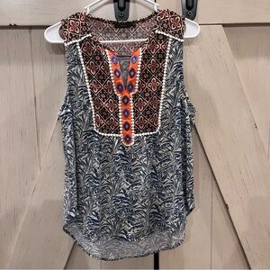 THML Blue Leaf-Print Tank with Orange Embroidered Yoke Size Medium